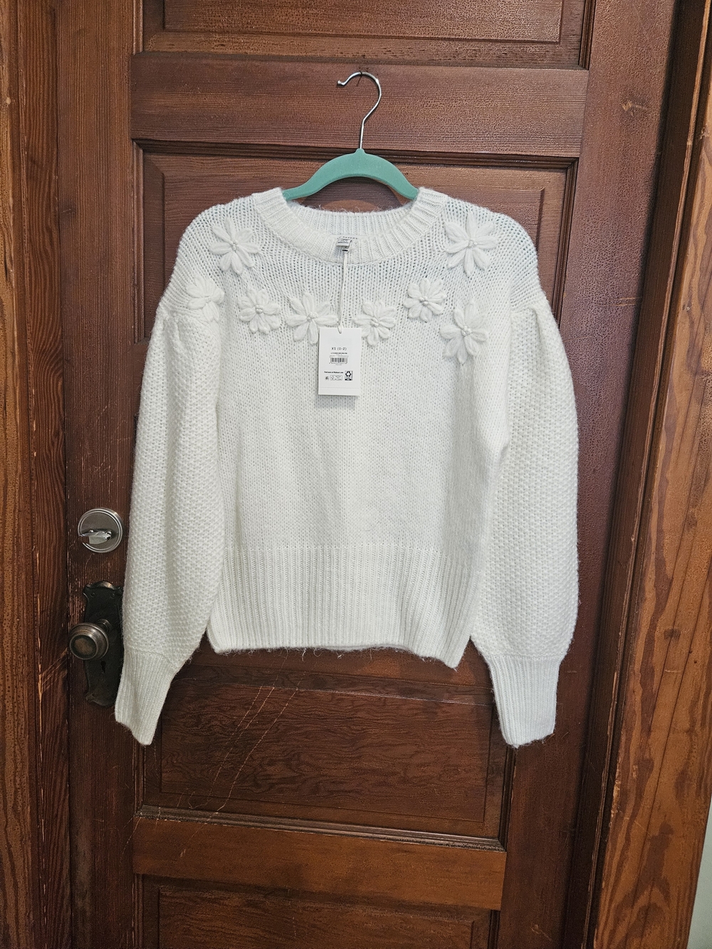 Floral-Appliqué Cream Crewneck Sweater